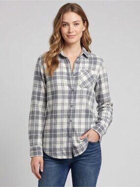 Roots Canada Plaid Flannel Button Down Shirt | Grey & Cream XS